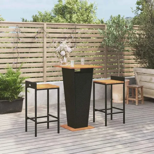 Ensemble de bar jardin 3 pcs noir poly rotin/bois massif acacia