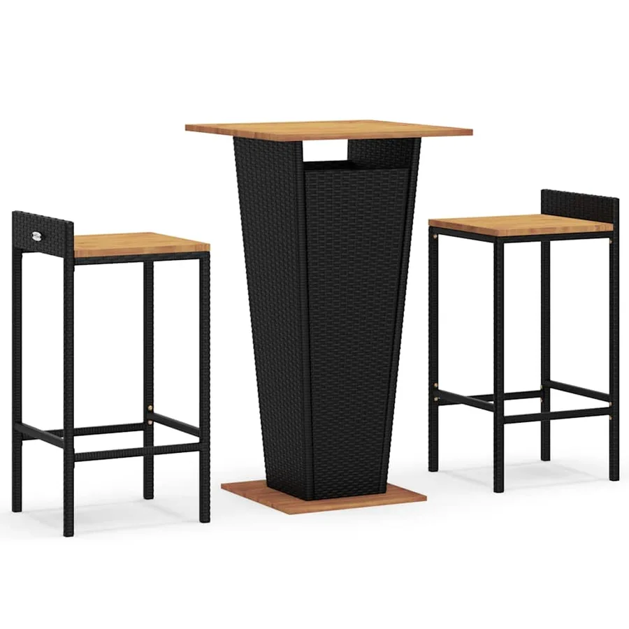 Ensemble de bar jardin 3 pcs noir poly rotin/bois massif acacia - 2