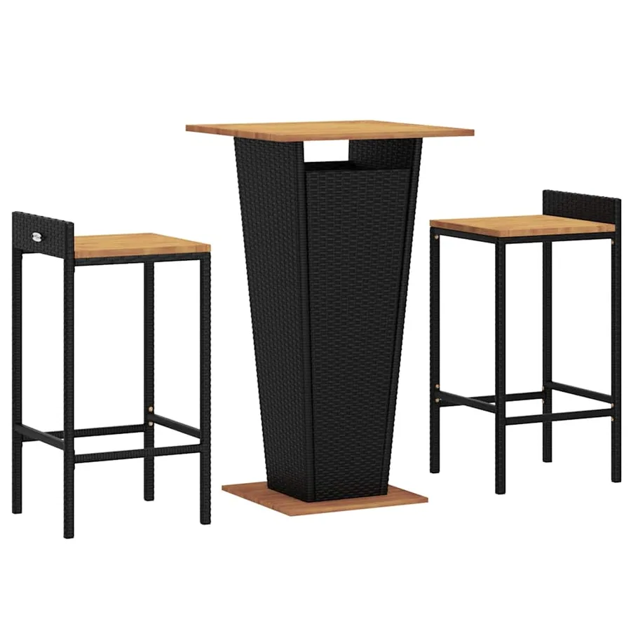 Ensemble de bar jardin 3 pcs noir poly rotin/bois massif acacia - 3