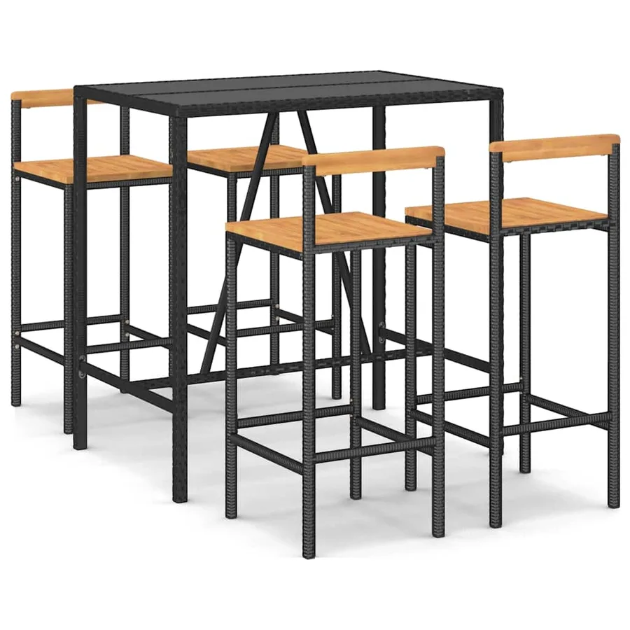 Ensemble de bar jardin 5 pcs noir poly rotin/bois massif acacia - 2