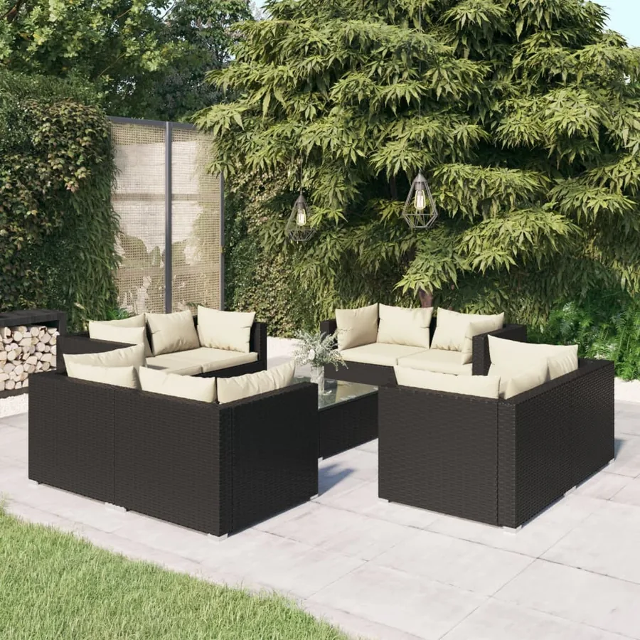 Salon de jardin 9 pcs avec coussins Résine tressée Noir