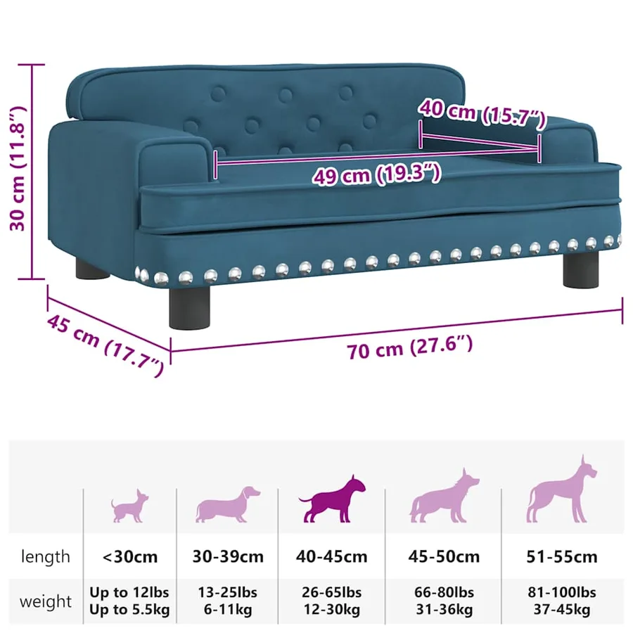 Lit pour chien bleu 70x45x30 cm velours - 7
