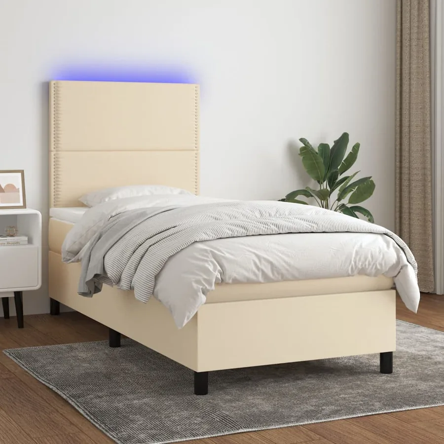 Sommier à lattes de lit et matelas et LED Crème 100x200cm Tissu