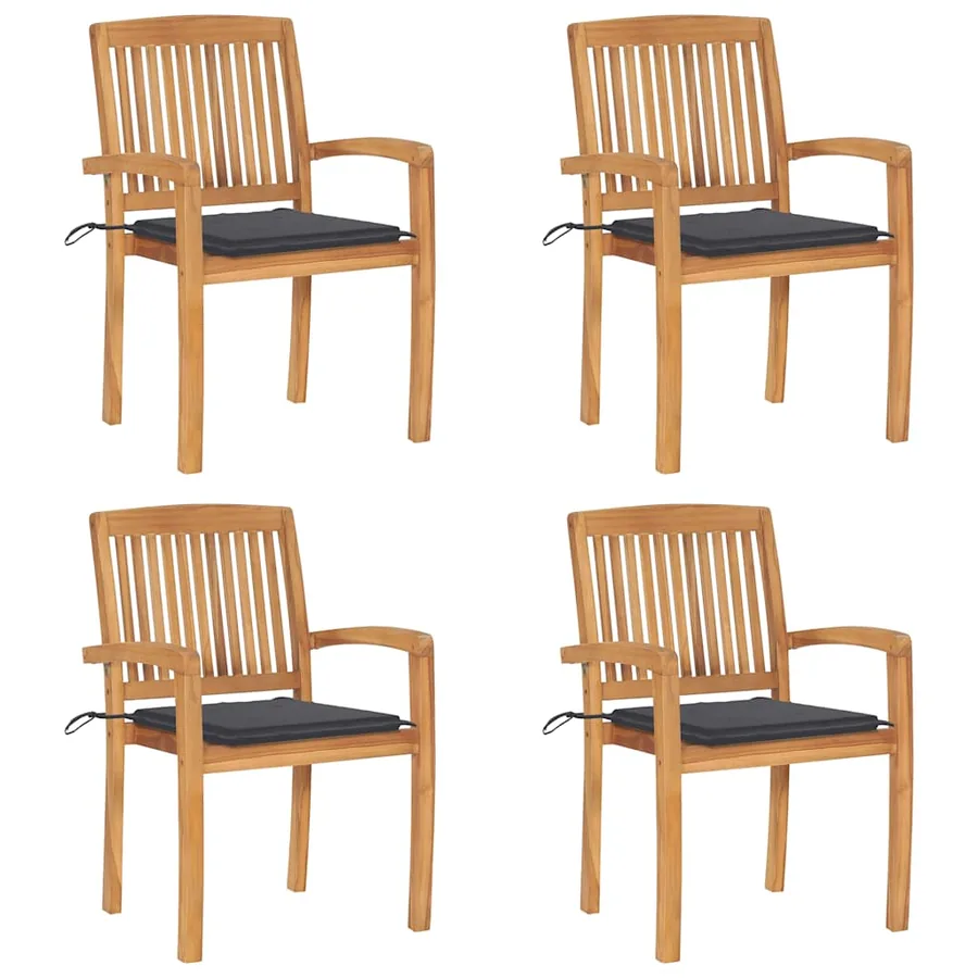Chaises de jardin empilables avec coussins lot de 4 Teck solide