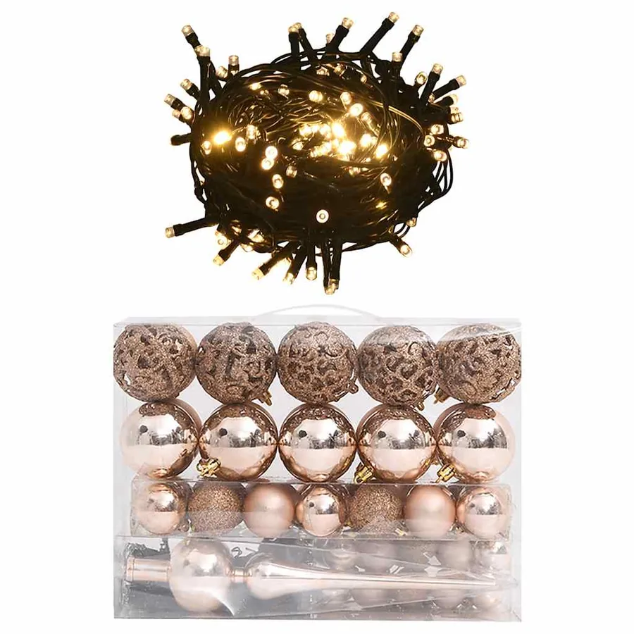 Set de boules de Noël avec pic et 150 LED 60 pcs Doré rose