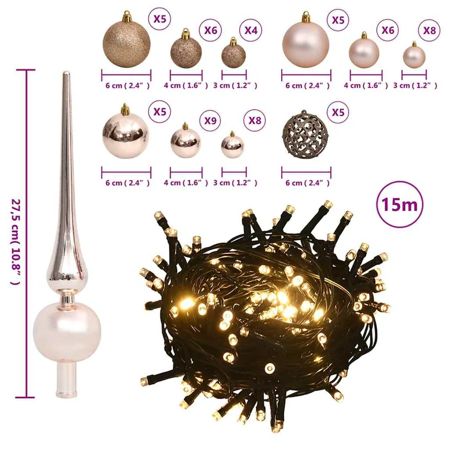 Set de boules de Noël avec pic et 150 LED 60 pcs Doré rose - 14