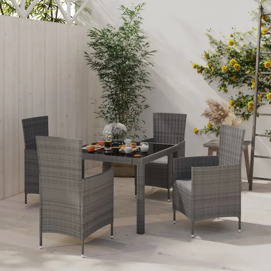 Ensemble à manger d'extérieur 5pcs coussins résine tressée gris