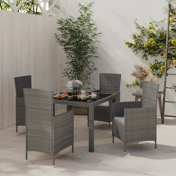 Ensemble à manger d'extérieur 5pcs coussins résine tressée gris