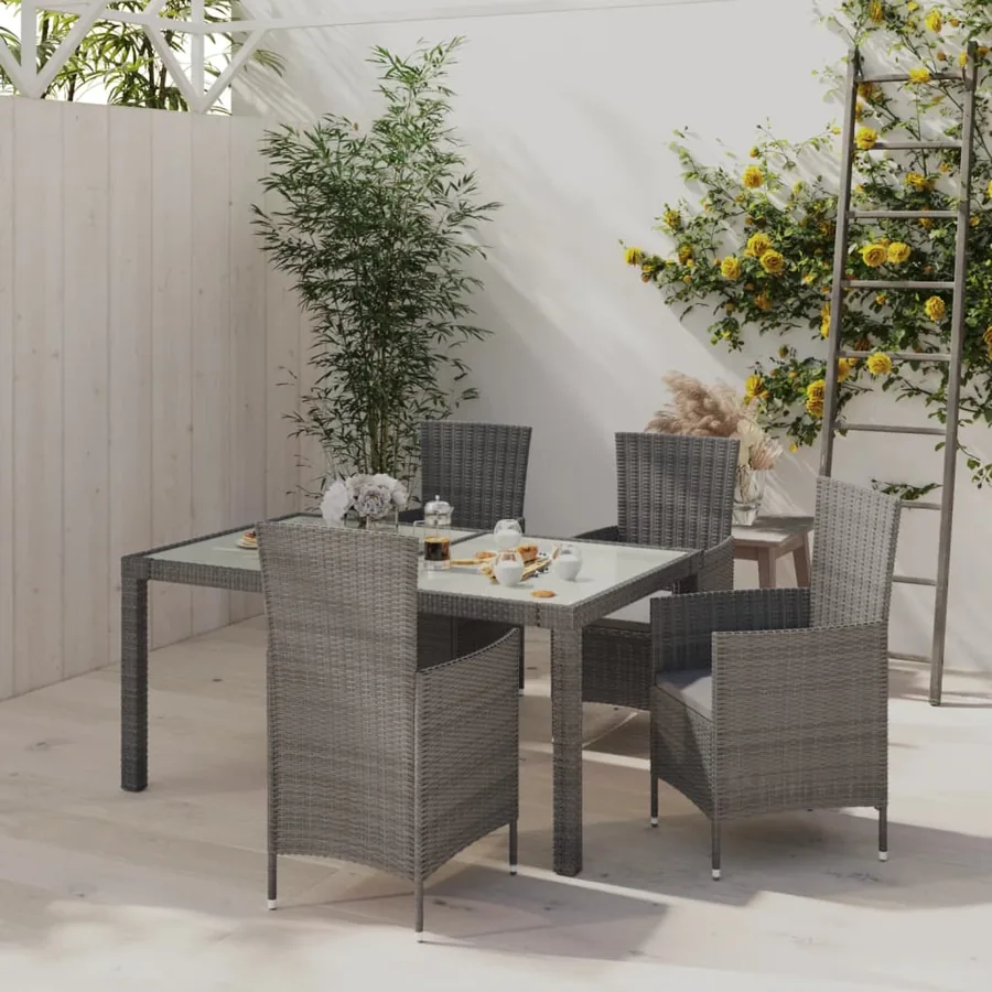 Ensemble à manger d'extérieur 5pcs coussins résine tressée gris