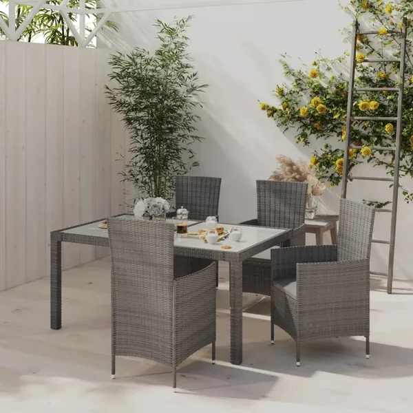Ensemble à manger d'extérieur 5pcs coussins résine tressée gris