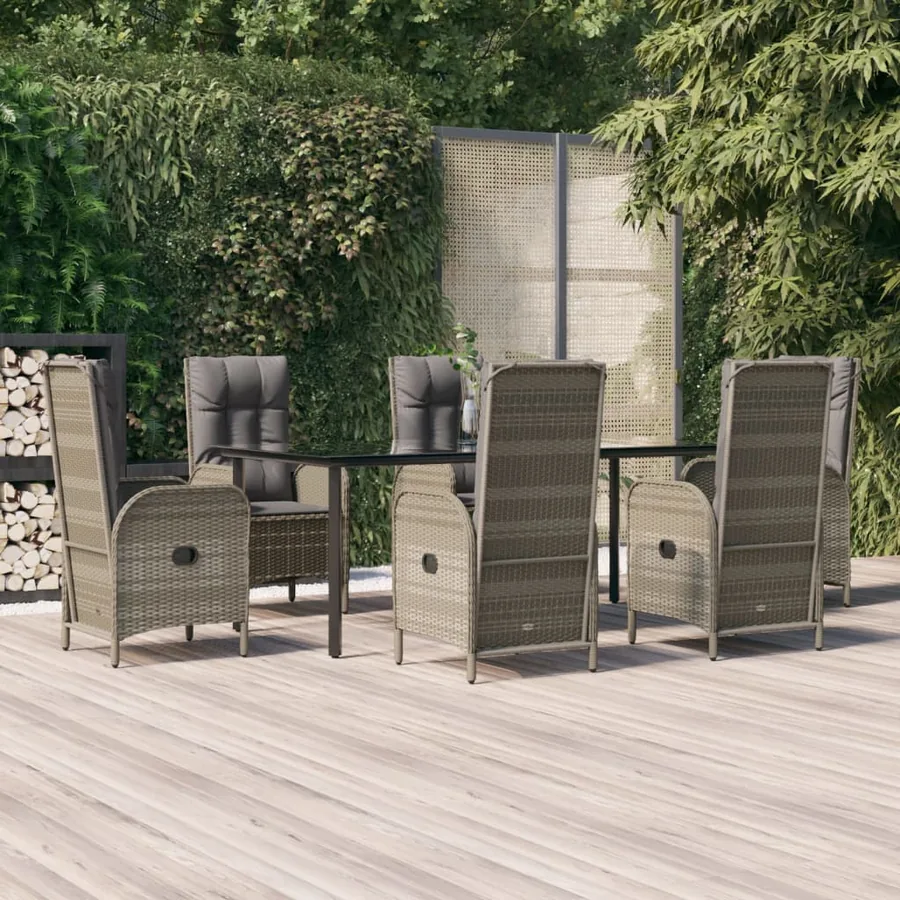 Ensemble à manger jardin et coussins 7 pcs Noir et gris Rotin