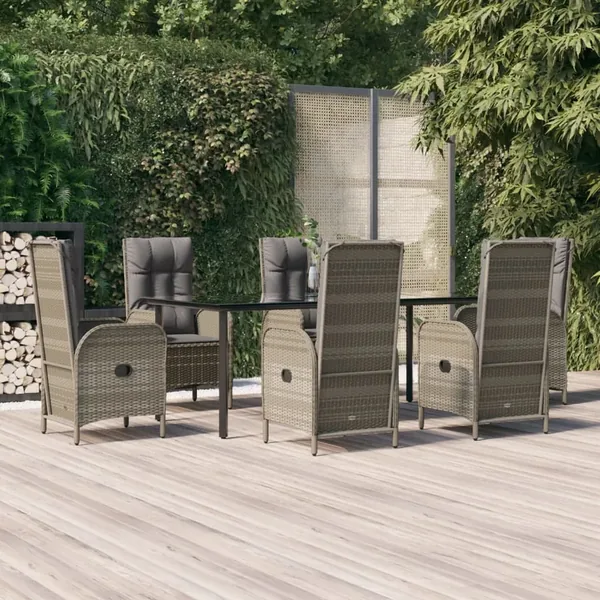 Ensemble à manger jardin et coussins 7 pcs Noir et gris Rotin