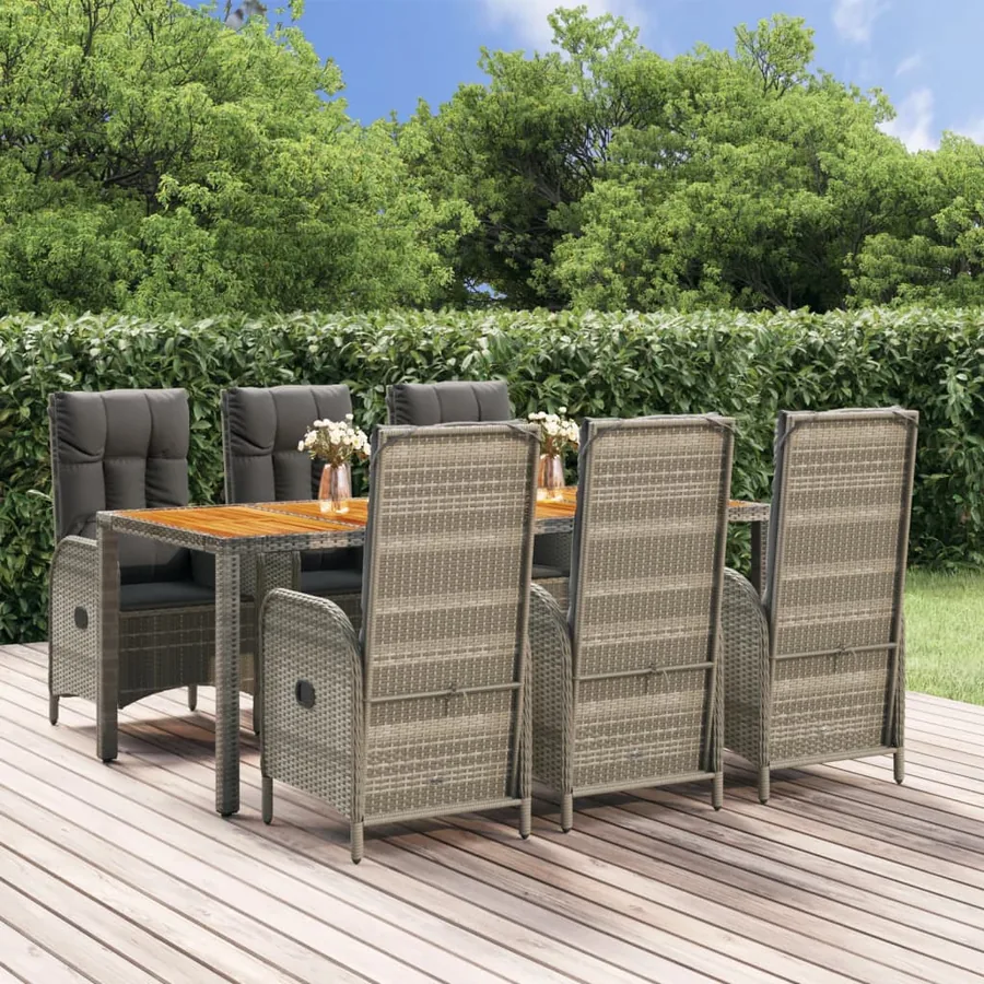 Ensemble à manger jardin et coussins 7 pcs gris rotin