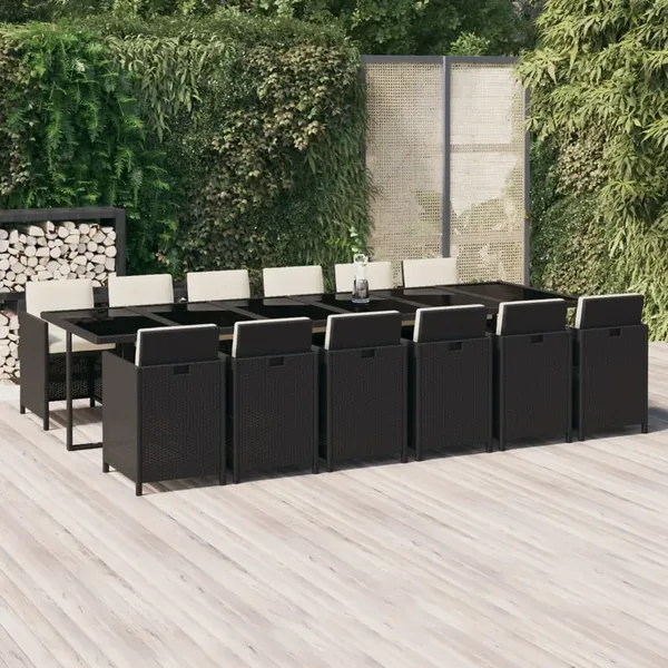 Ensemble à manger de jardin coussins 13 pcs Résine tressée Noir