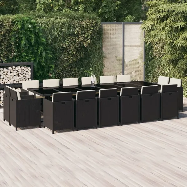 Ensemble à manger de jardin coussins 17 pcs Résine tressée Noir