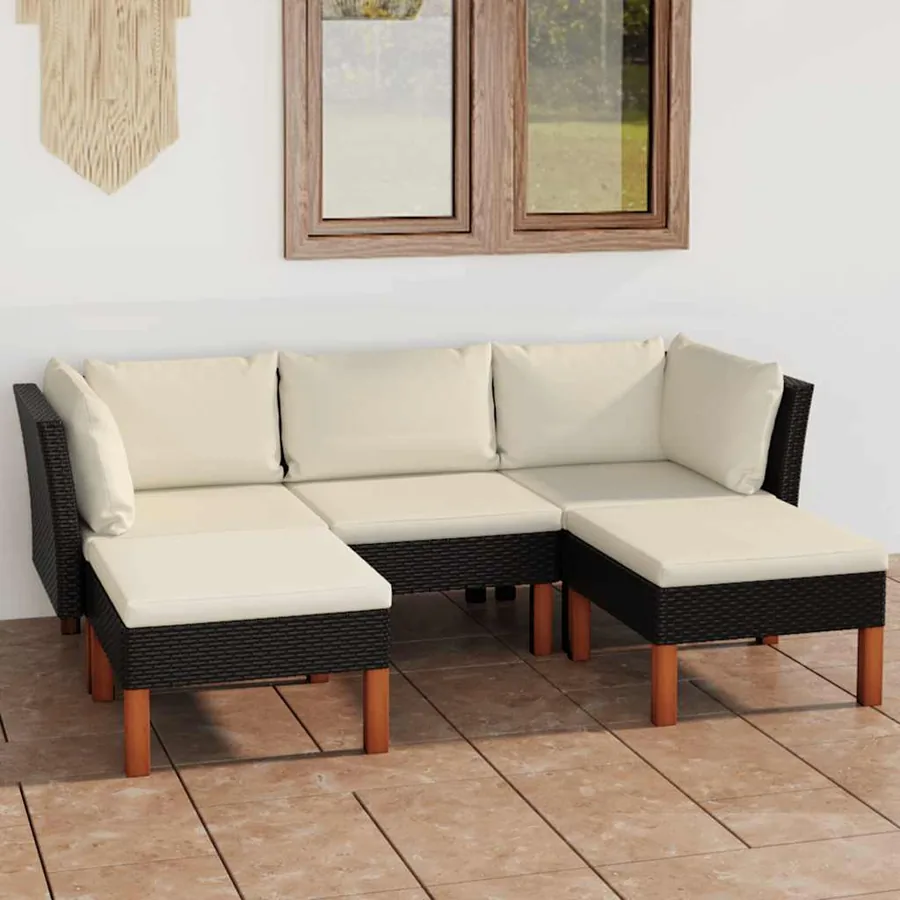 Salon de jardin 5 pcs avec coussins Résine tressée Noir