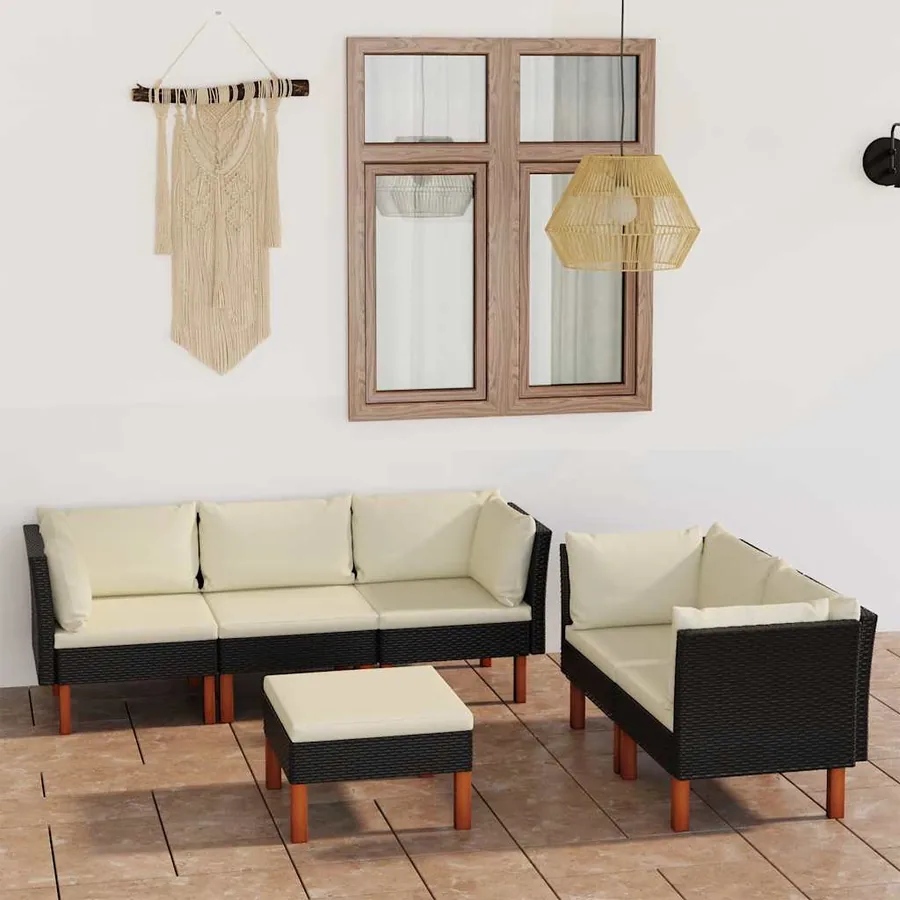 Salon de jardin 6 pcs avec coussins Résine tressée Noir
