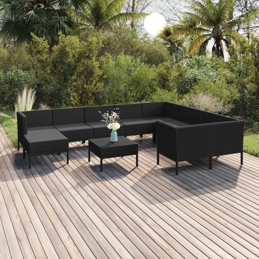 Salon de jardin 11 pcs avec coussins Résine tressée Noir