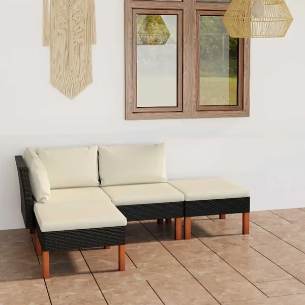 Salon de jardin 4 pcs avec coussins Résine tressée Noir
