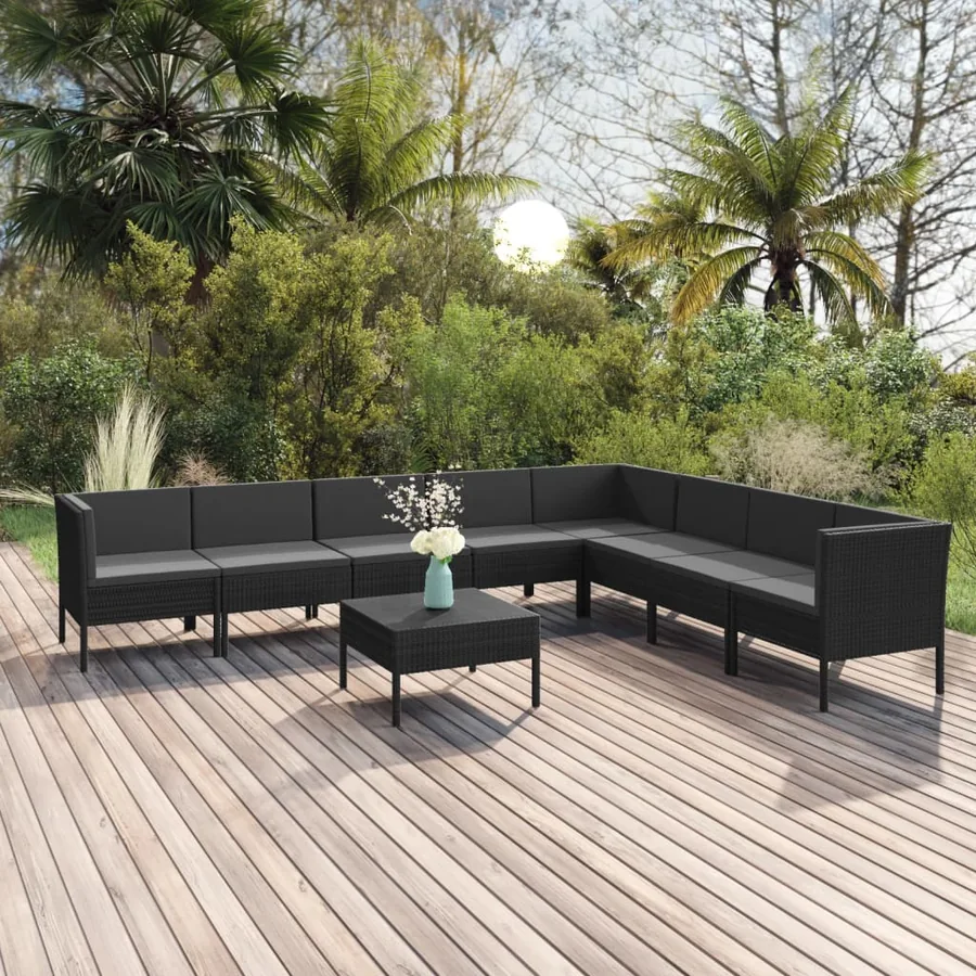 Salon de jardin 9 pcs avec coussins Résine tressée Noir