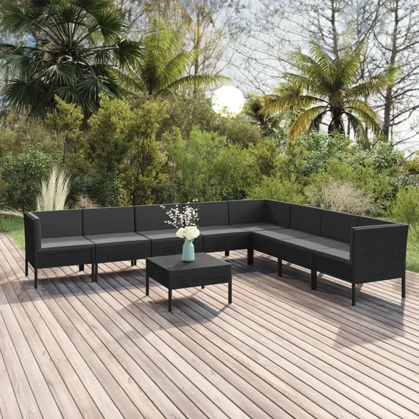 Salon de jardin 9 pcs avec coussins Résine tressée Noir