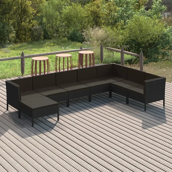 Salon de jardin 8 pcs avec coussins résine tressée noir