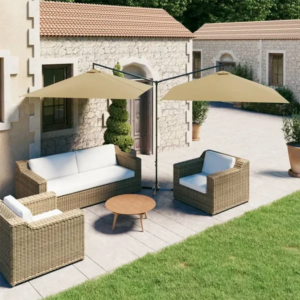 Parasol de jardin double avec mât en acier taupe 600x300 cm