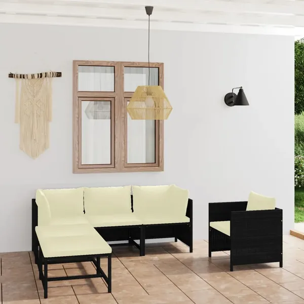 Salon de jardin 6 pcs avec coussins Résine tressée Noir
