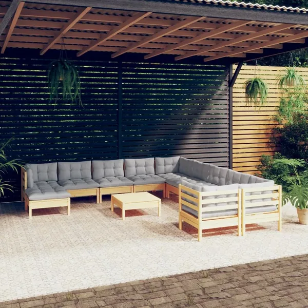 Salon de jardin 12 pcs avec coussins gris Bois de pin