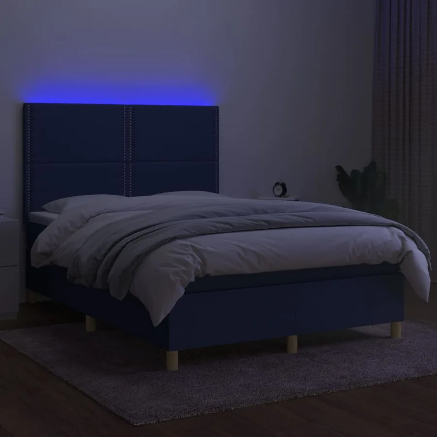 Sommier à lattes de lit et matelas et LED Bleu 140x200 cm Tissu - 4