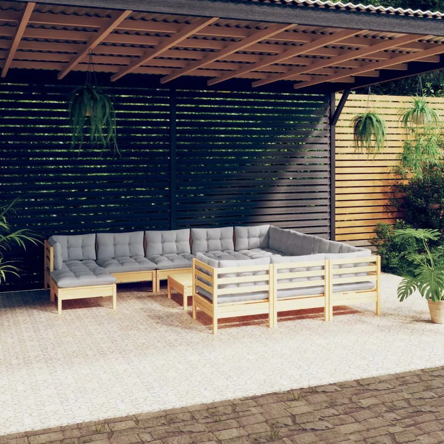 Salon de jardin 12 pcs avec coussins gris Bois de pin
