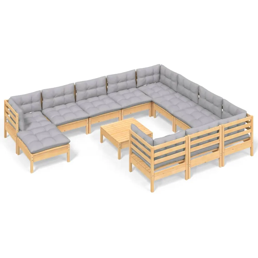 Salon de jardin 12 pcs avec coussins gris Bois de pin - 2
