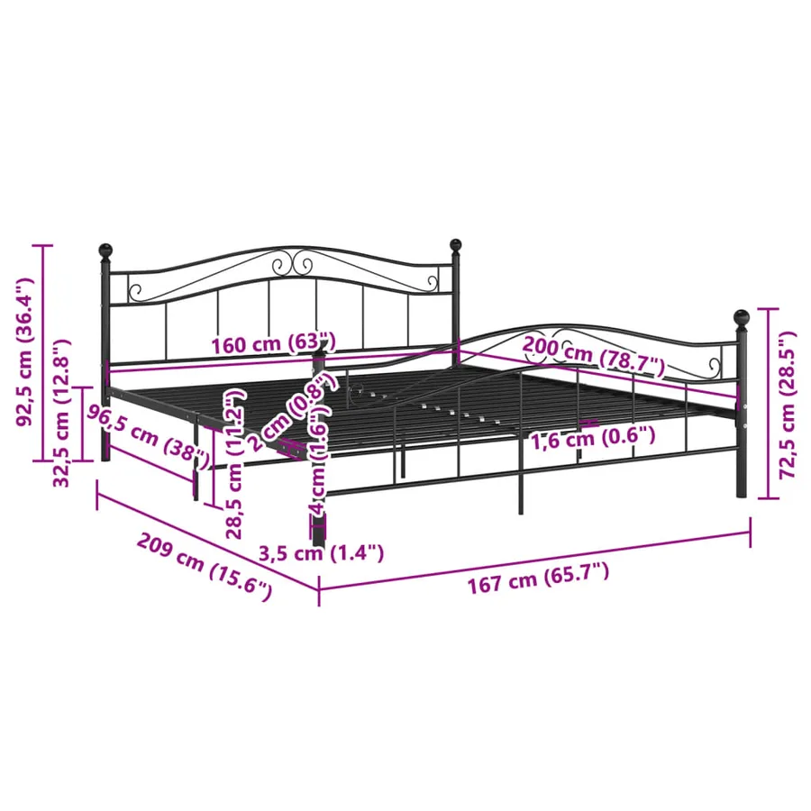 Cadre de lit sans matelas noir métal 160x200 cm - 8