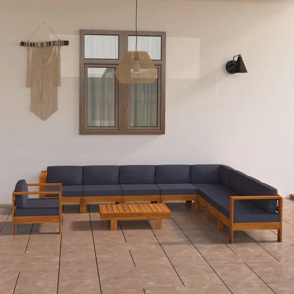 Salon de jardin 10 pcs avec coussins gris foncé Bois d'acacia