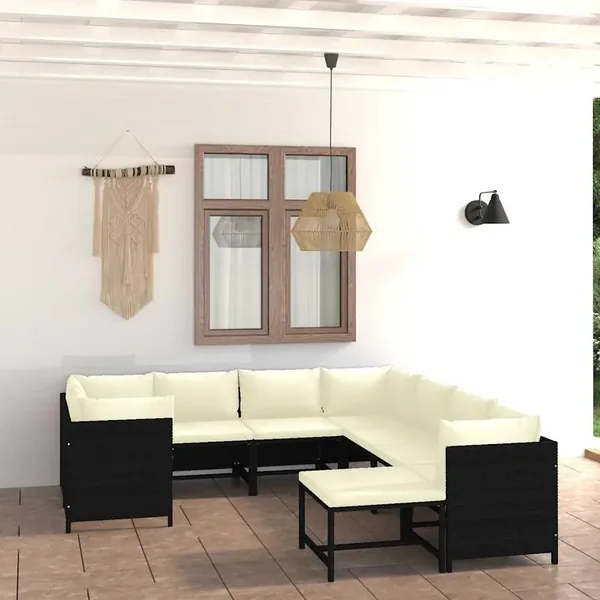 Salon de jardin 9 pcs avec coussins Résine tressée Noir