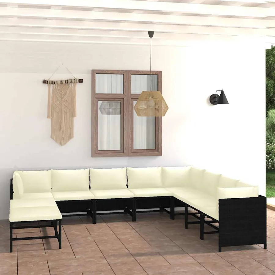 Salon de jardin 9 pcs avec coussins Résine tressée Noir