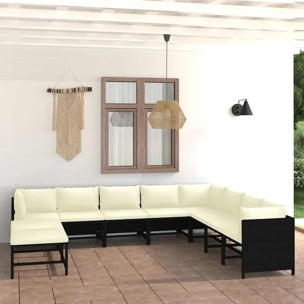 Salon de jardin 9 pcs avec coussins Résine tressée Noir