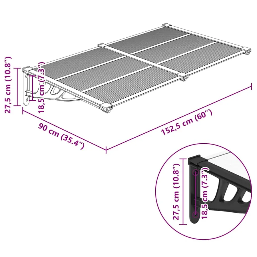 Auvent de porte Noir et transparent 152,5x90 cm Polycarbonate - 6