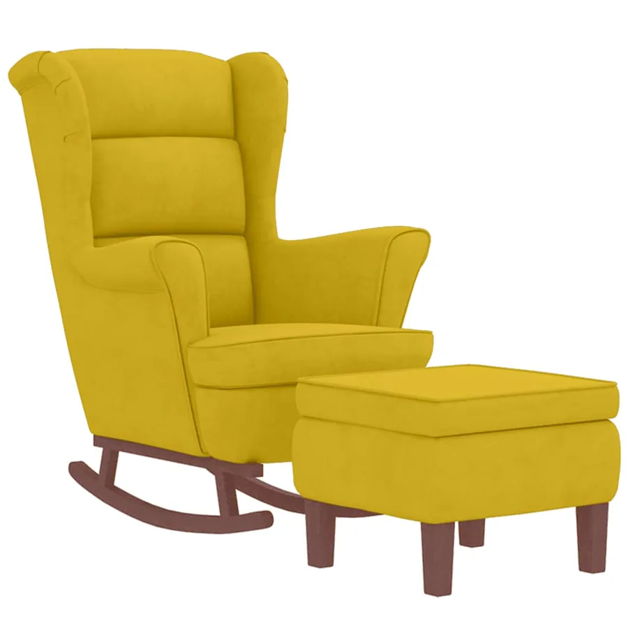 Fauteuil à bascule à oreilles en velours jaune bois massif - 3