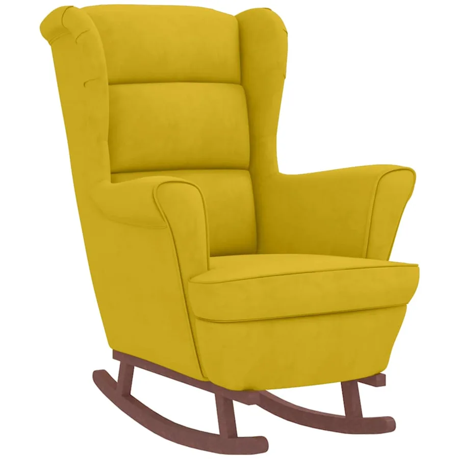 Fauteuil à bascule à oreilles en velours jaune bois massif - 4