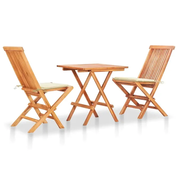 Ensemble de bistro 3pcs avec coussins crème Bois de teck massif
