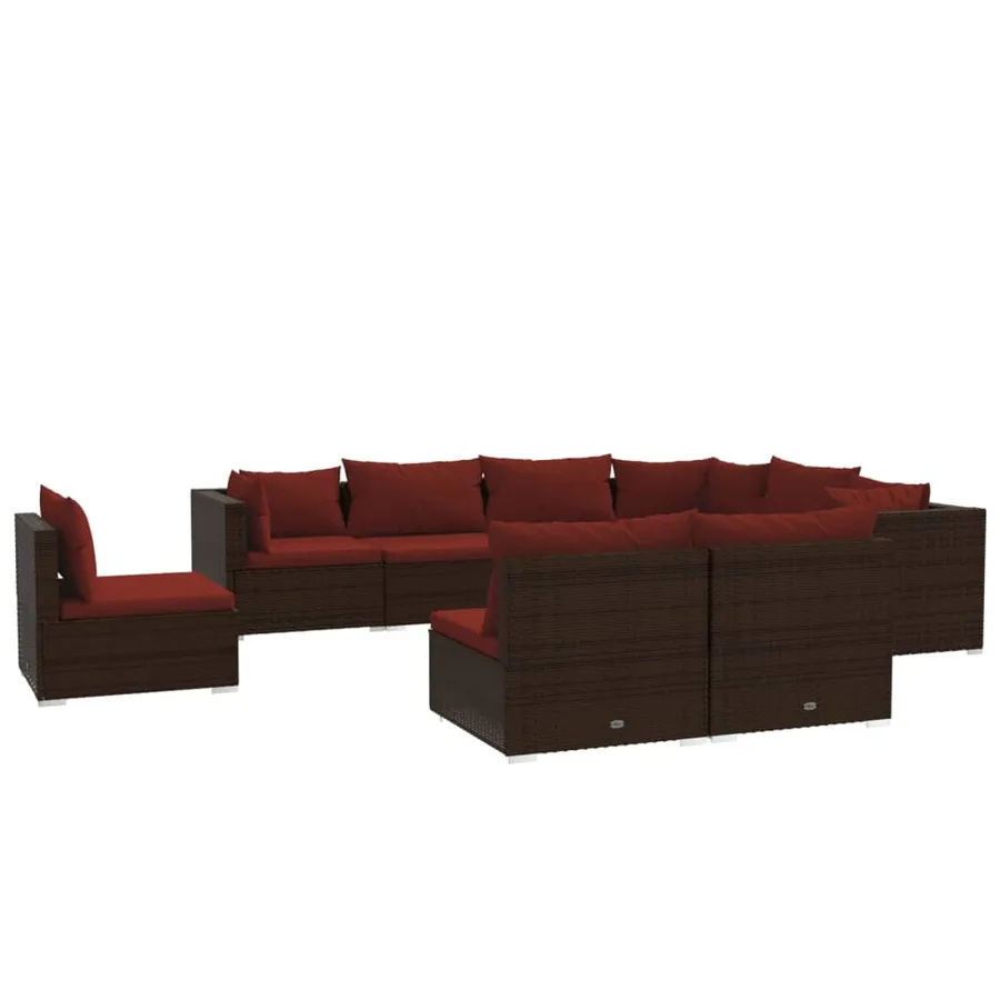 Salon de jardin 9 pcs avec coussins résine tressée marron - 2