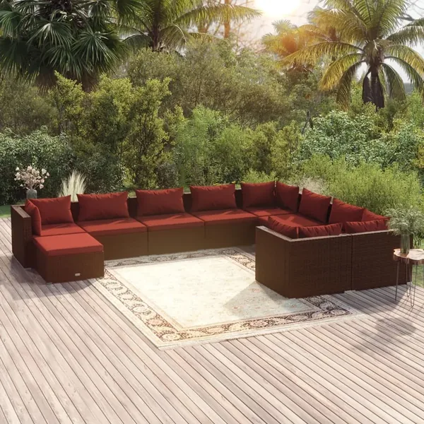 Salon de jardin 10 pcs avec coussins Résine tressée Marron