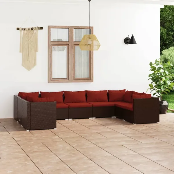 Salon de jardin 9 pcs avec coussins Résine tressée Marron