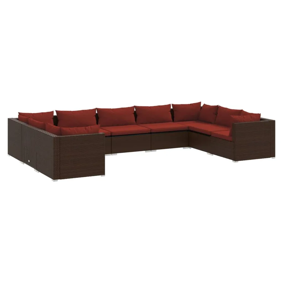 Salon de jardin 9 pcs avec coussins Résine tressée Marron - 2