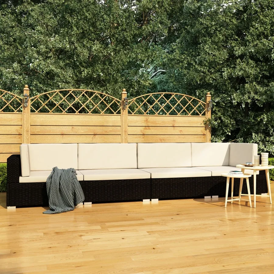 Salon de jardin 4 pcs avec coussins résine tressée noir