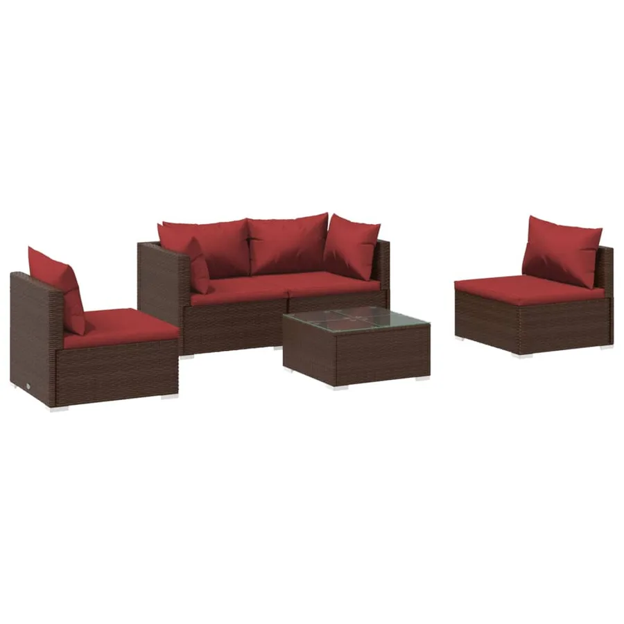 Salon de jardin 5 pcs avec coussins résine tressée marron - 2