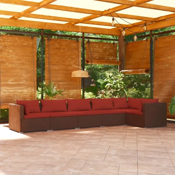 Salon de jardin 6 pcs avec coussins Résine tressée Marron