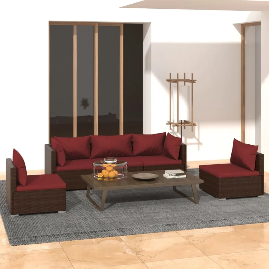 Salon de jardin 5 pcs avec coussins Résine tressée Marron