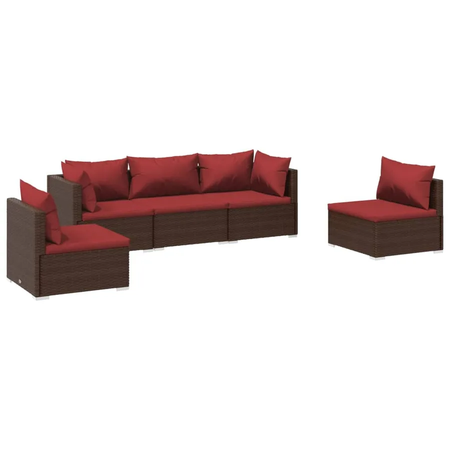 Salon de jardin 5 pcs avec coussins Résine tressée Marron - 2